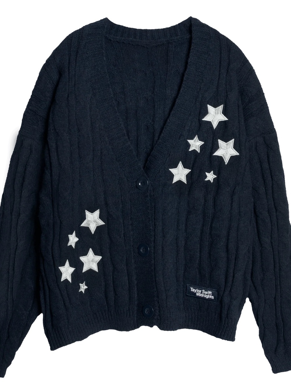 Taylor Swift Navy Cable-Knit Cardigan with White Star Appliqués
